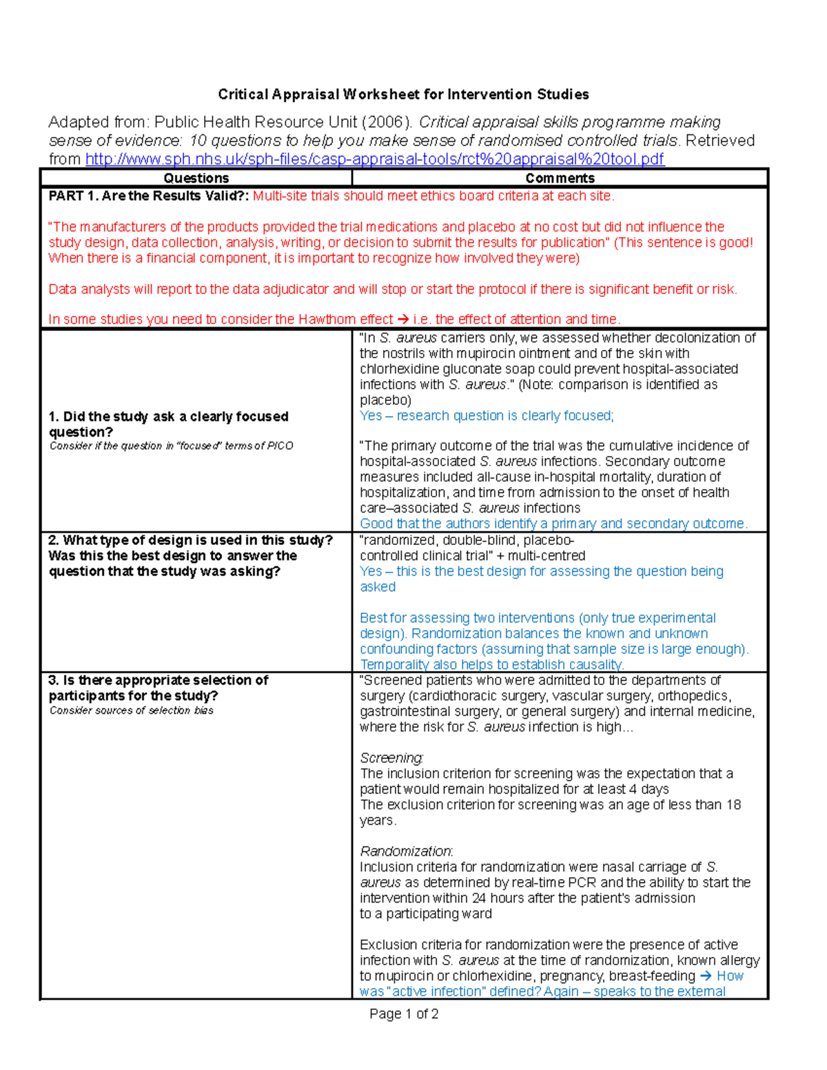 Unit 4 And 5 Critical Appraisal Worksheet Critical Appraisal Worksheet For Intervention Studies Studocu