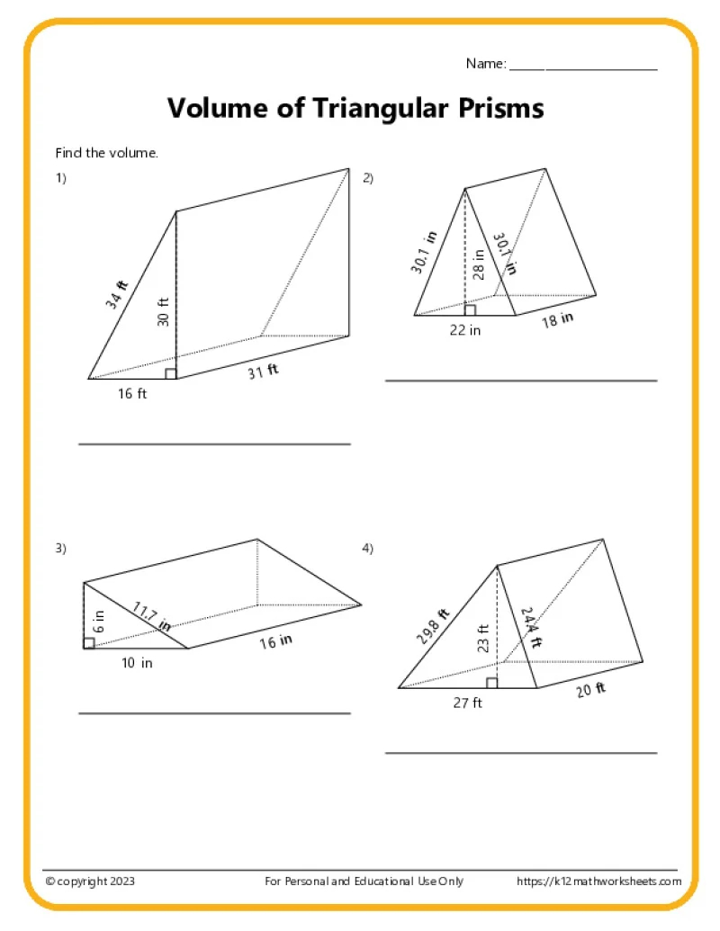 Volume And Surface Area Of Triangular Prisms K12 Math Worksheets