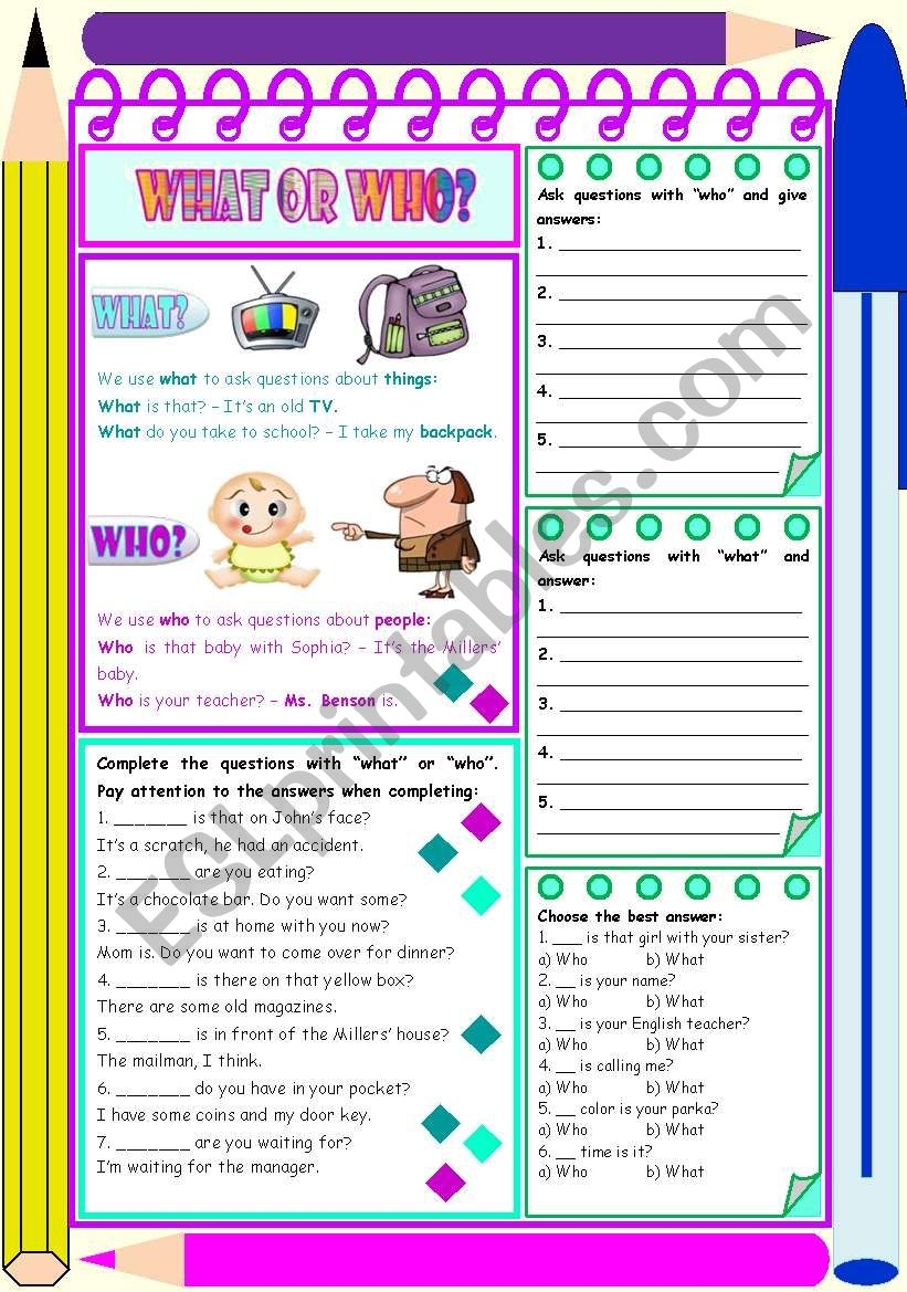 What Or Who Explanation Examples And Exercises 4 Easy Tasks editable ESL Worksheet By Zailda