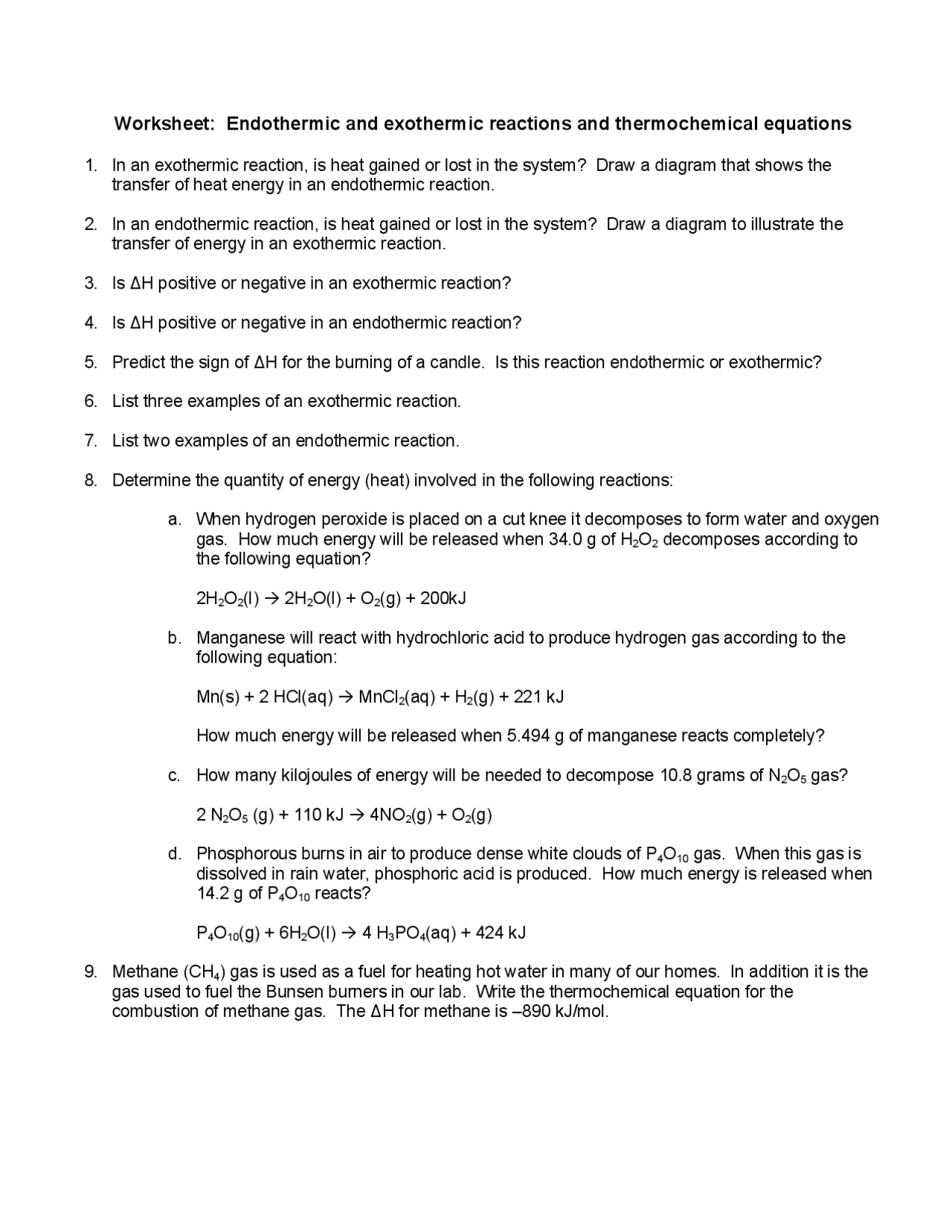 Worksheet Endothermic And Exothermic Reactions Exercises Thermodynamics Docsity