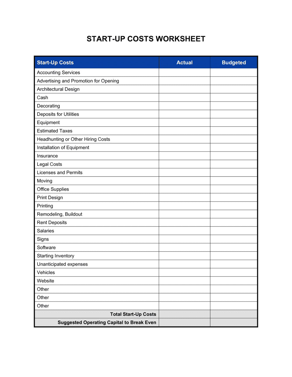 Worksheet Start Up Costs Free Download Word PDF