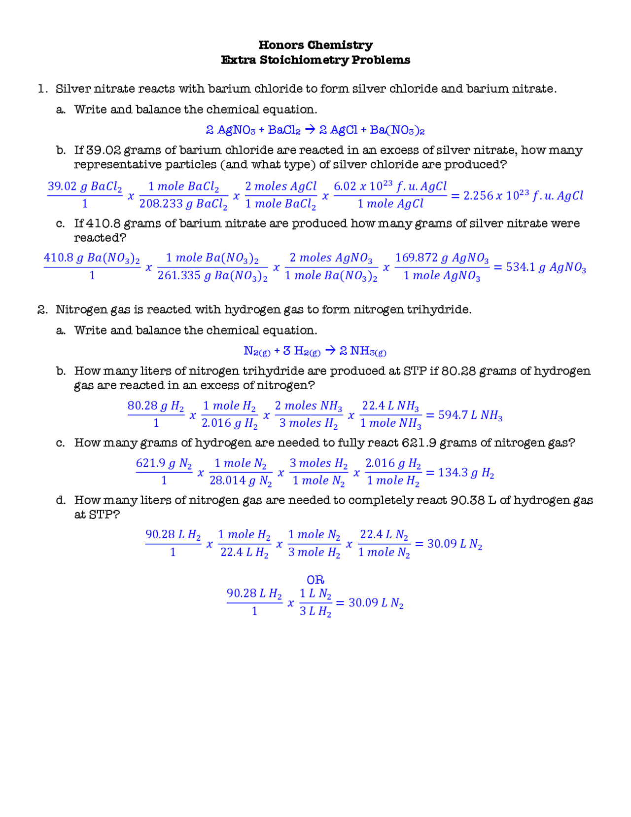 Worksheet Stoichiometry Practice Problems With Answer Key Exercises Chemistry Docsity