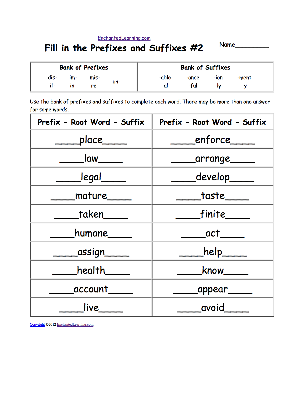 Worksheets And Activities Prefixes And Suffixes EnchantedLearning